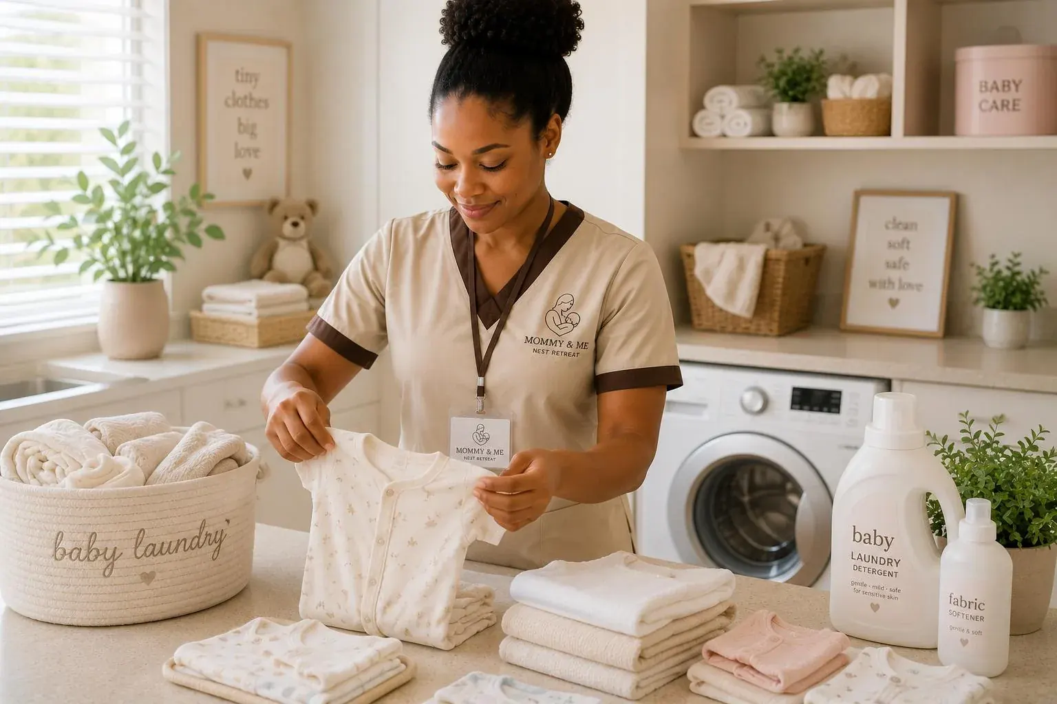 A Mommy and Me doula folding fresh baby laundry